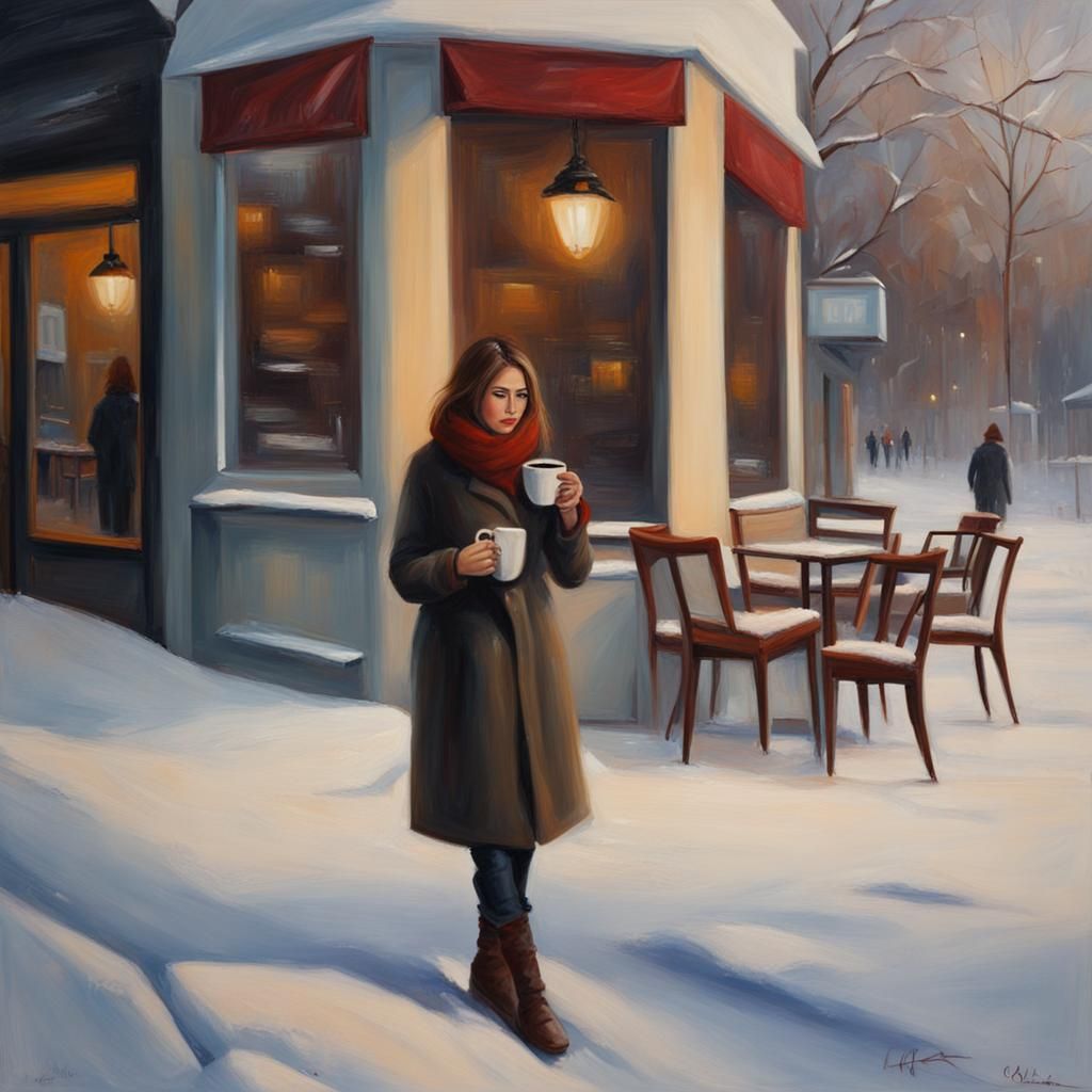 Woman at Snowy Cafe: Hyperrealistic Oil Painting