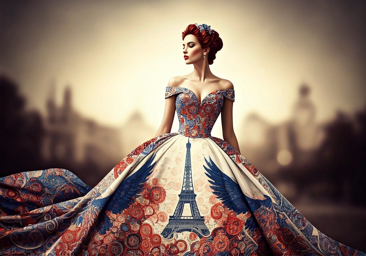 French Woman in Haute Couture Gown, Klimt-Inspired