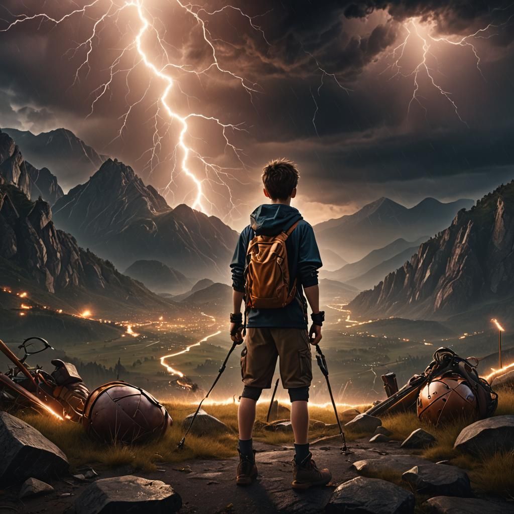 Boy in Lightning Storm: Fantasy Landscape
