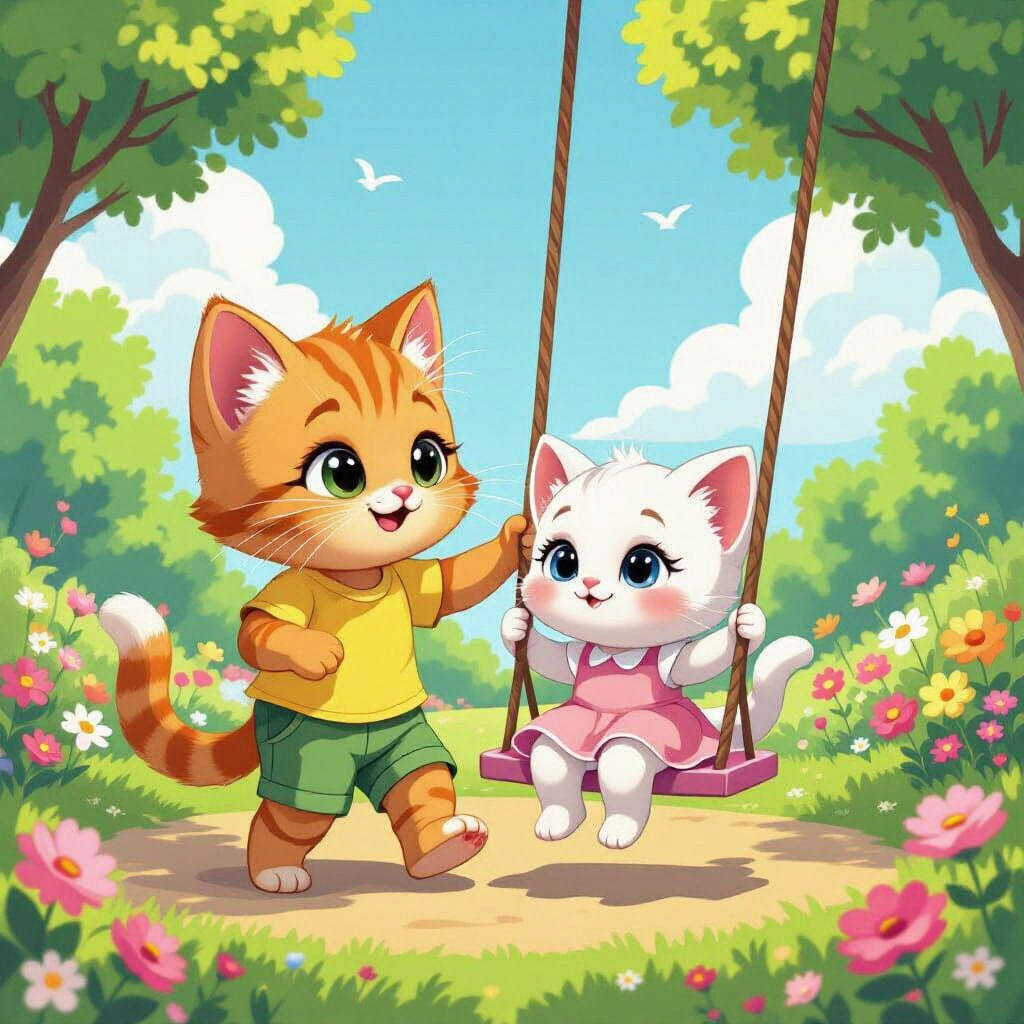Kittens on a Swing Set in Cartoon Style