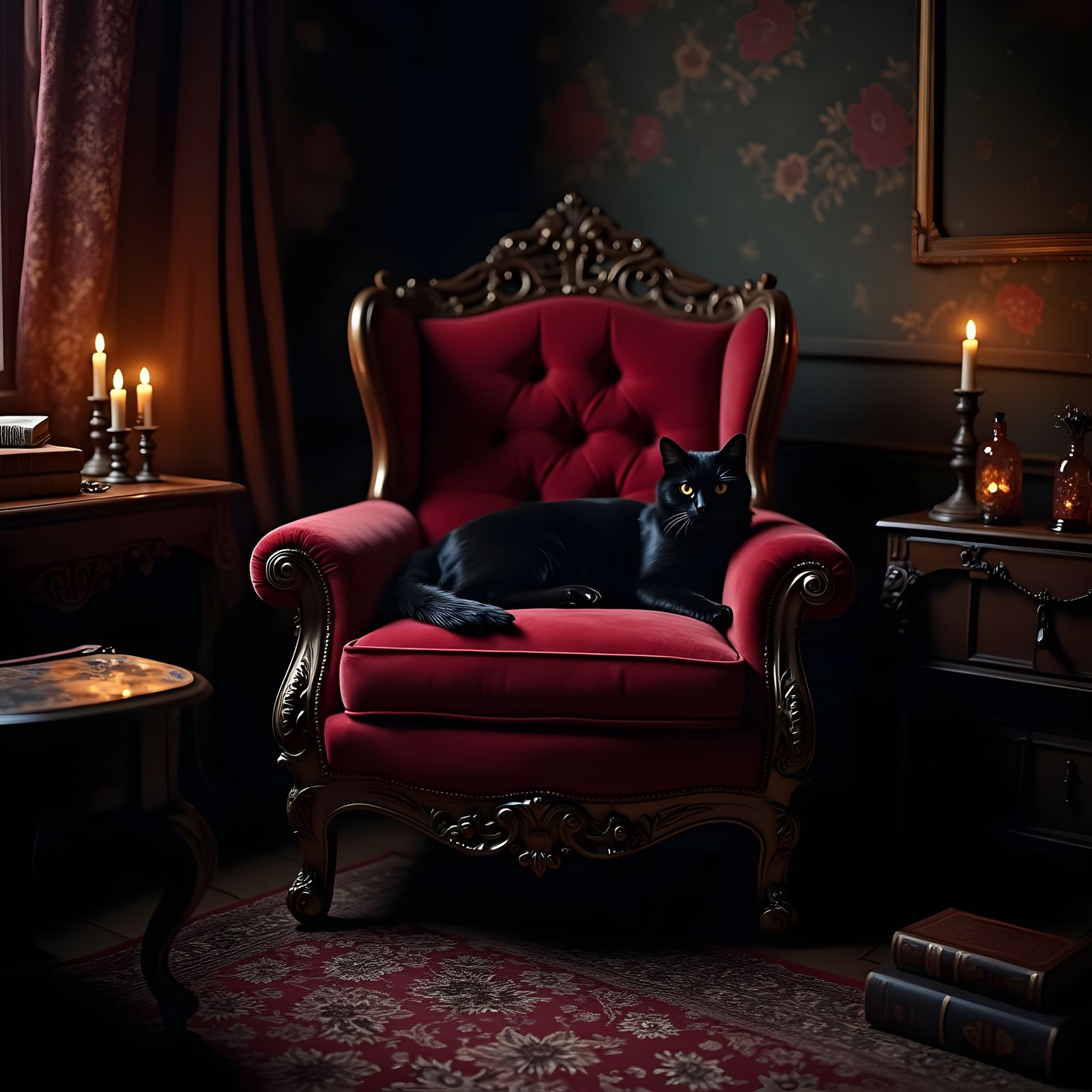 Cozy Goth Living Room with Black Cat