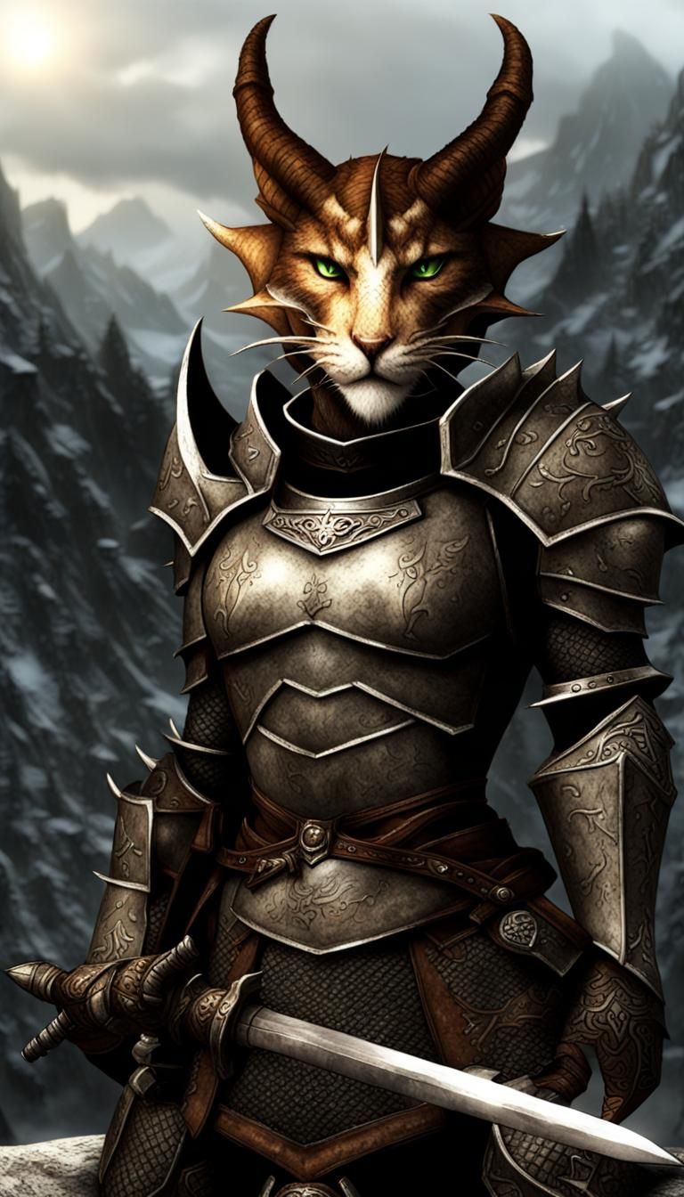 Khajit Dragonborn in Ebony Armor with Dragons