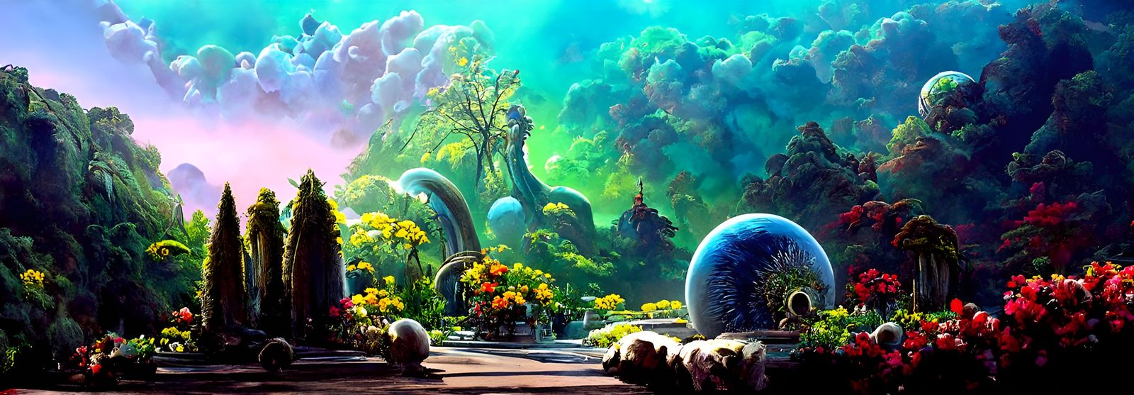 Alien City Canal with Gardens: Digital Painting