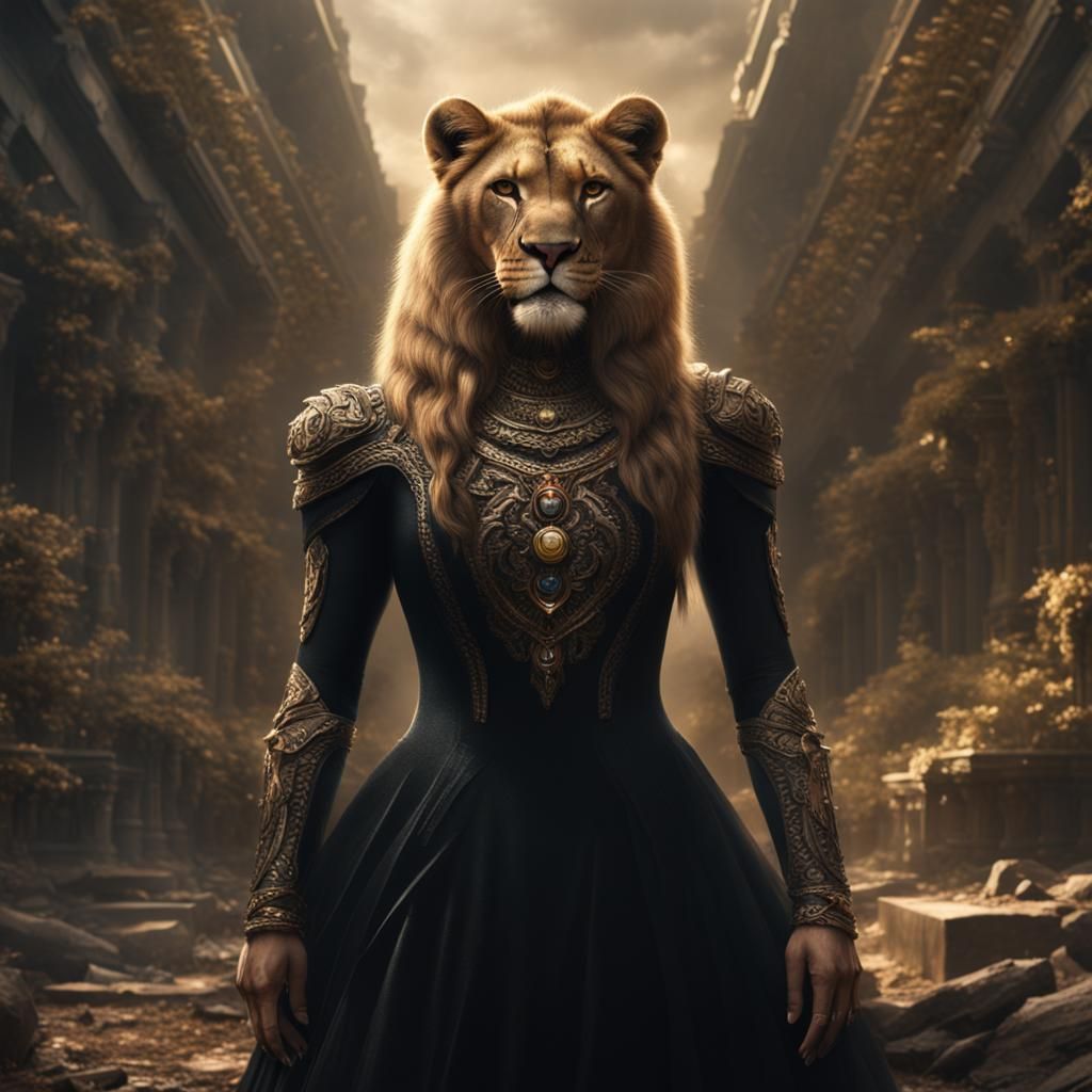 Humanoid Lioness in Black Dress: Digital Matte Painting