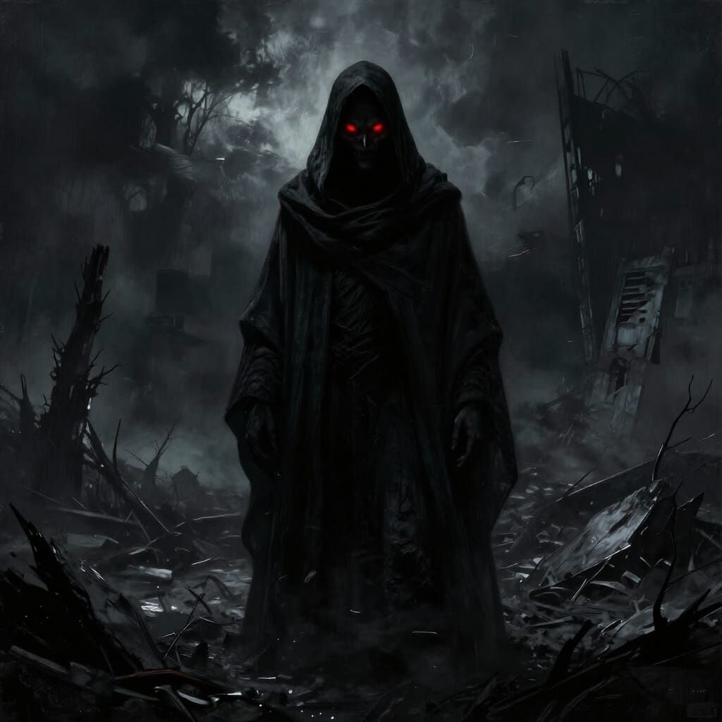 Sinister Shadow Figure in Gloomy Post-Apocalyptic World