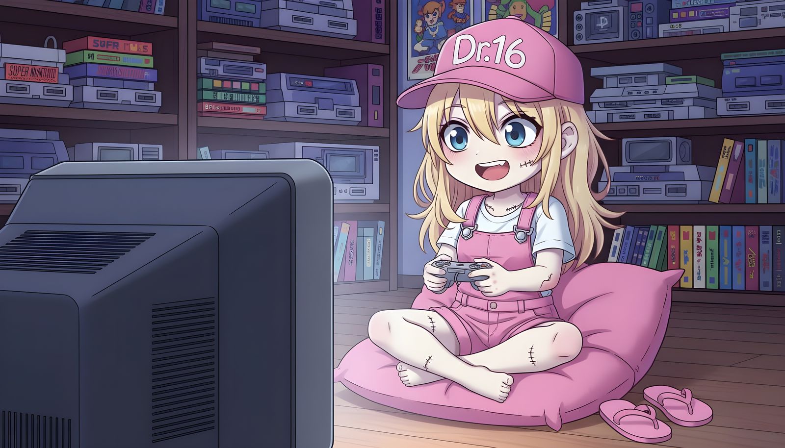 Chibi Zombie Girl Gaming in Retro Room Anime Style