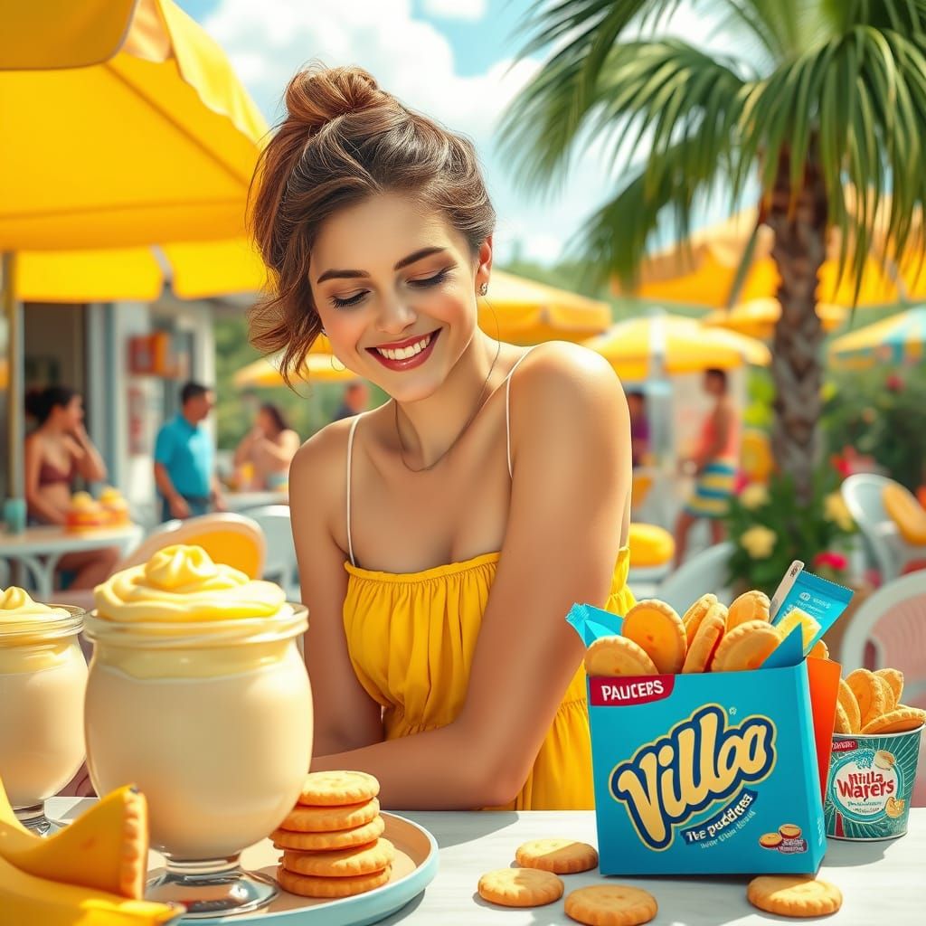 Woman Enjoys Banana Pudding in Vibrant Outdoor Scene