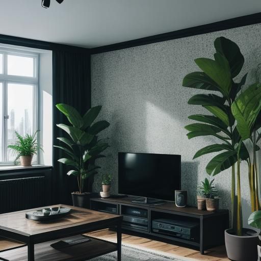 Elegant Black Living Room with Plants and TV