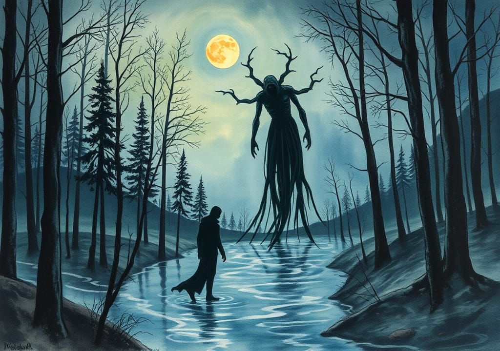 Tormented Wraith in Flooded Forest, Expressionist Art