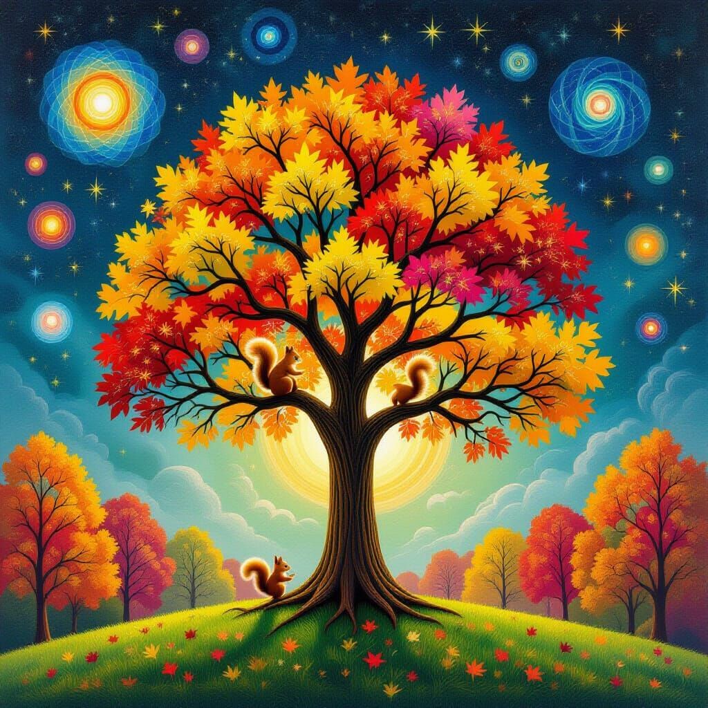 Autumn Tree with Squirrel in Astral Cosmic Style