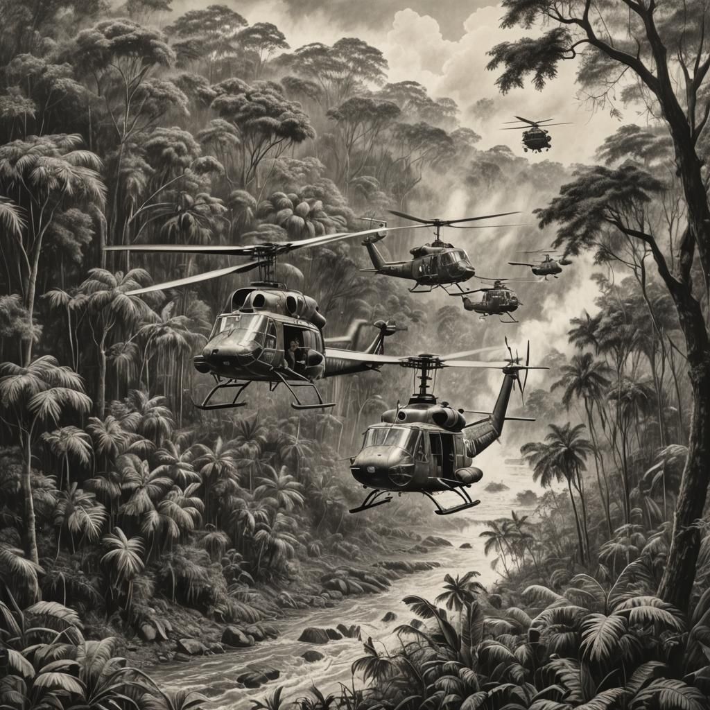 Vietnam War: Hueys Over Jungle, Charcoal Drawing