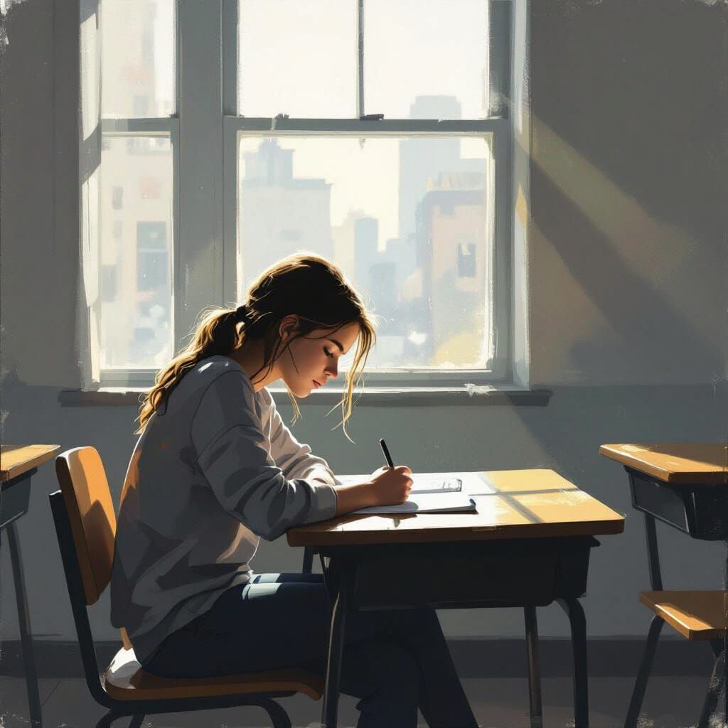 Bored Teenager in Sunlit Classroom, Hopper & Mann Style