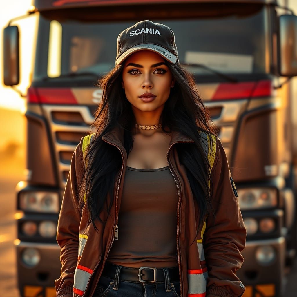 Photorealistic Female Trucker in Sunset Light