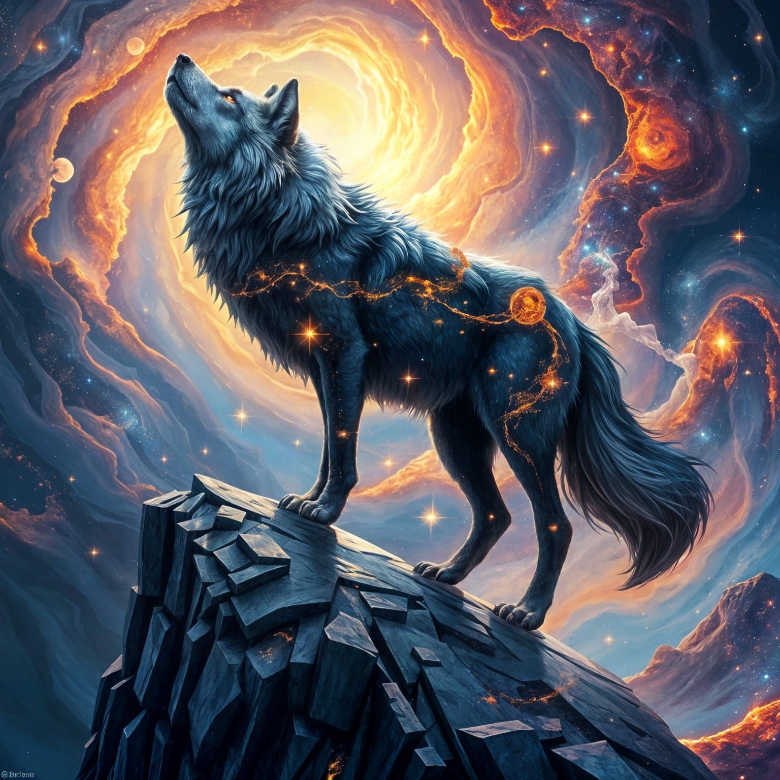 Wolf Spirit Emerging from Cosmic Nebula in Hyperrealistic St...