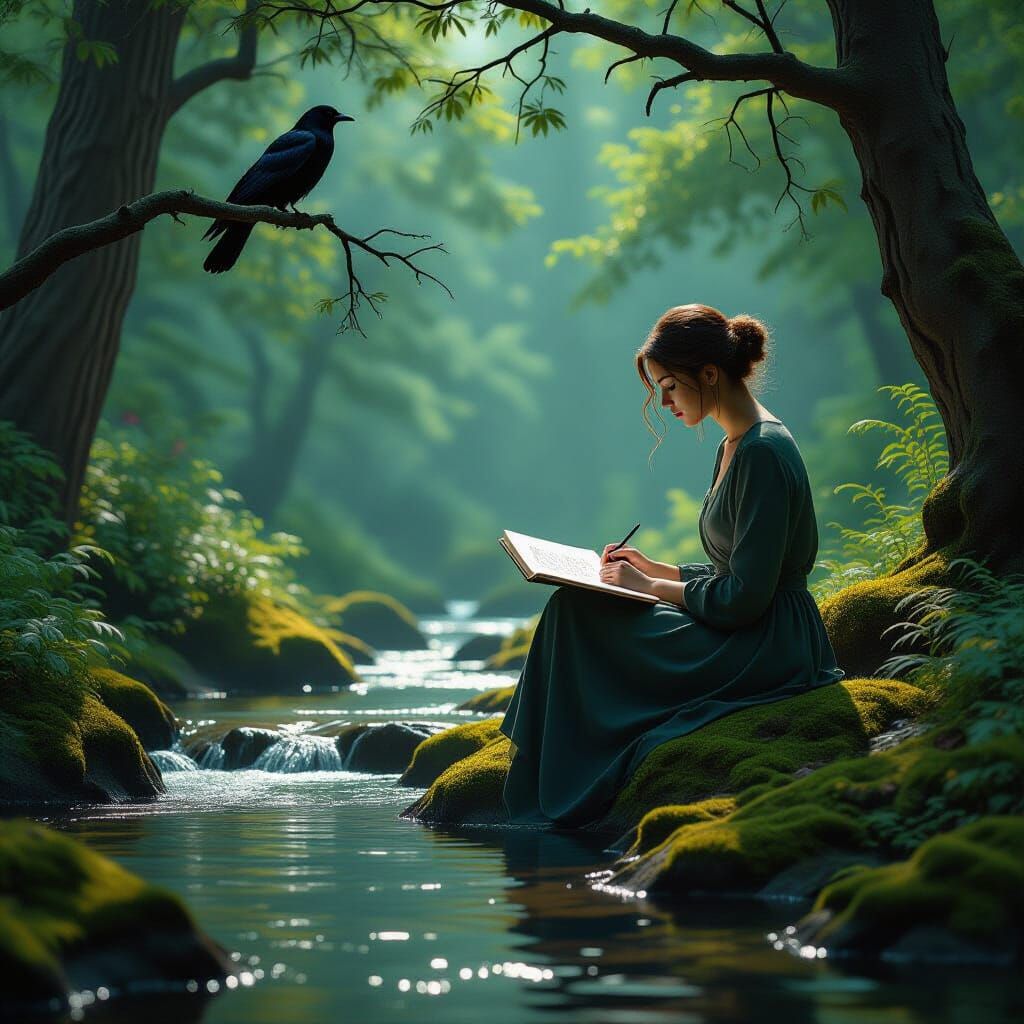 Woman Sketching by Forest Stream in Detailed Matte Painting ...
