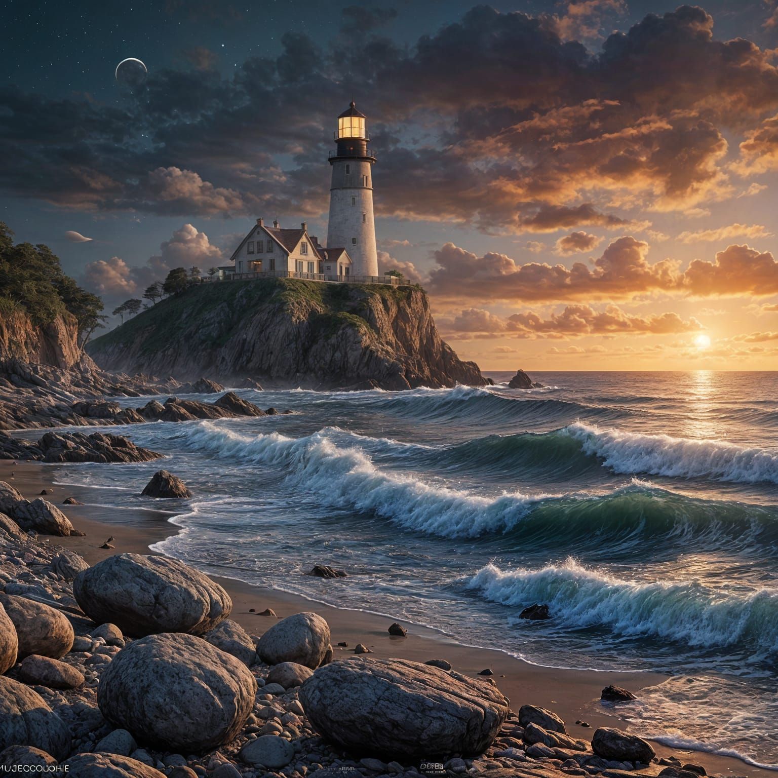 Hyperrealistic Moonlit Seascape with Sailing Ship