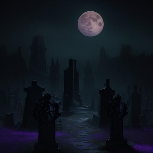 Haunted Graveyard Under Full Moon: Fantasy Matte Painting