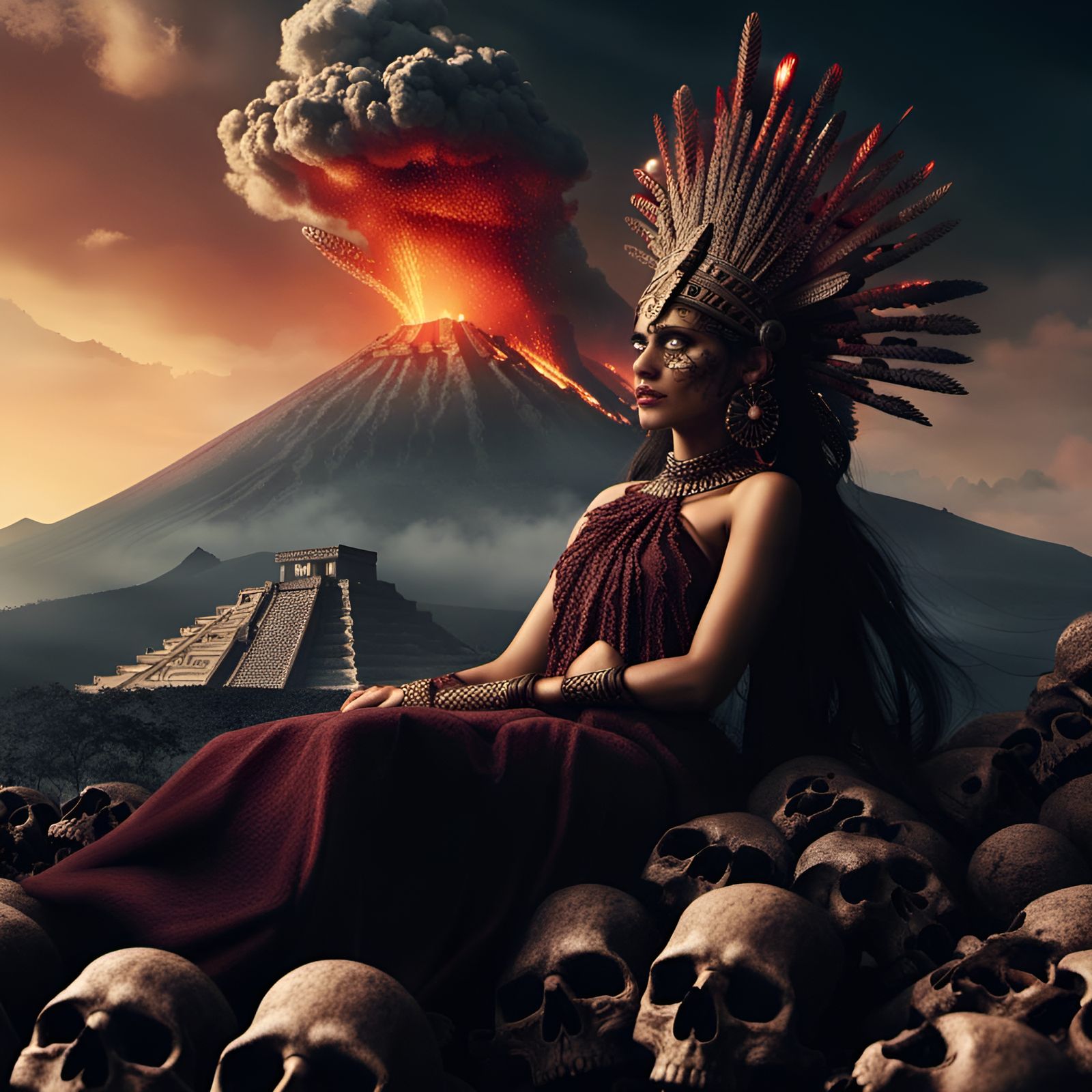 Dead Aztec Princess Lying in Repose in a sea of human skulls Mexico volcano popocatepetl erupting in the background