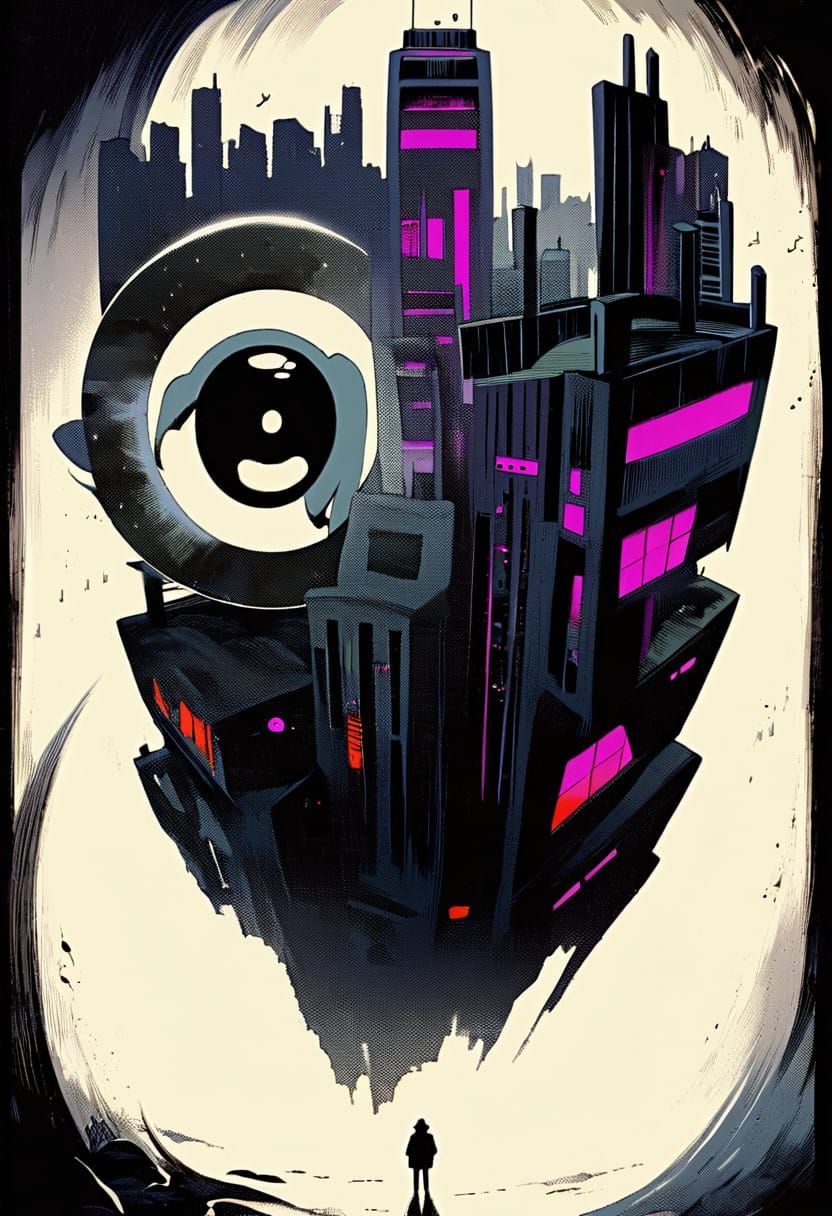 Melancholic Cityscape with Lonely Woman in Film Noir Style