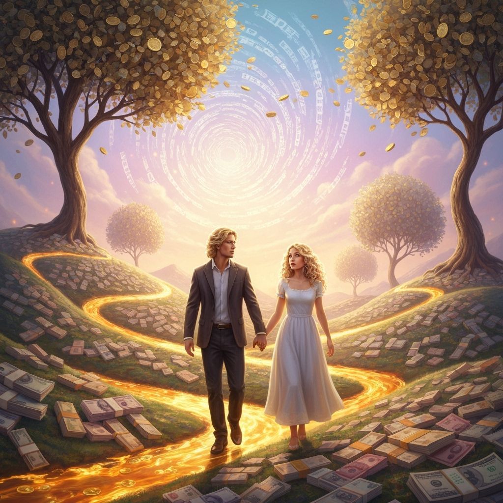 Surreal Money Landscape with Golden Rivers and Coin Trees