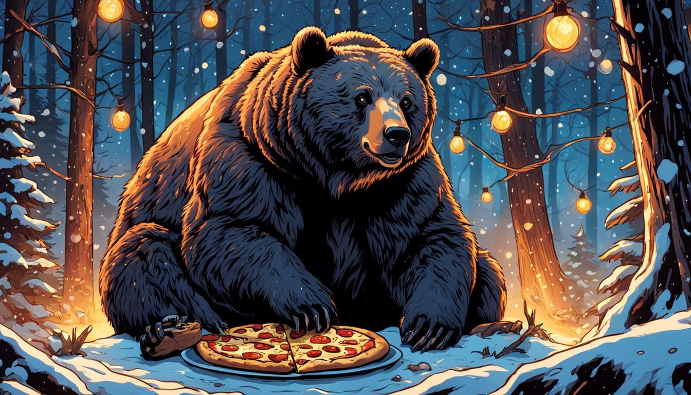 Bear Enjoys Pizza in Snowy Forest, Comic Book Art