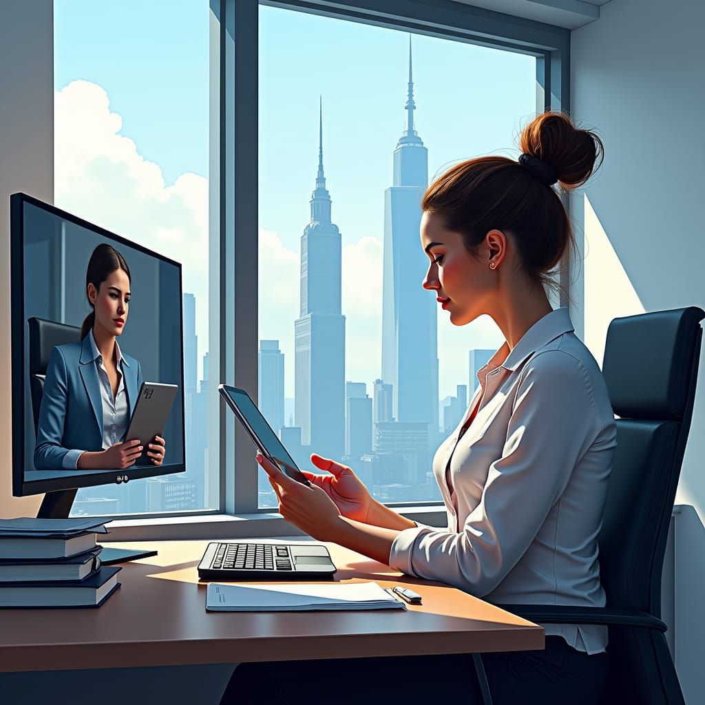 Businesswoman in Video Conference: Futuristic Digital Art
