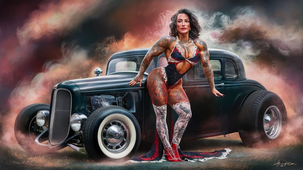 Tattooed Bodybuilder in Lace Leans on Hot Rod