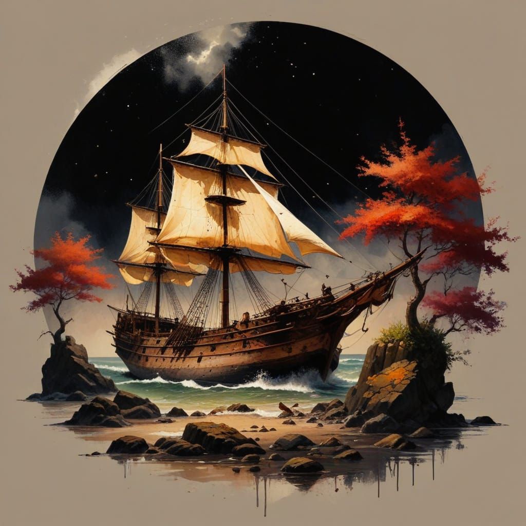 Shipwrecked Sailing Vessel in Vibrant Colors