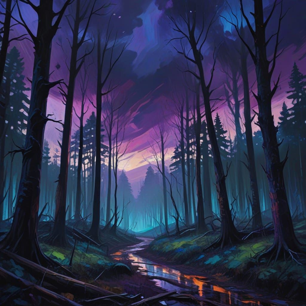 Eerie Expressionist Forest Landscape with Vibrant Colors
