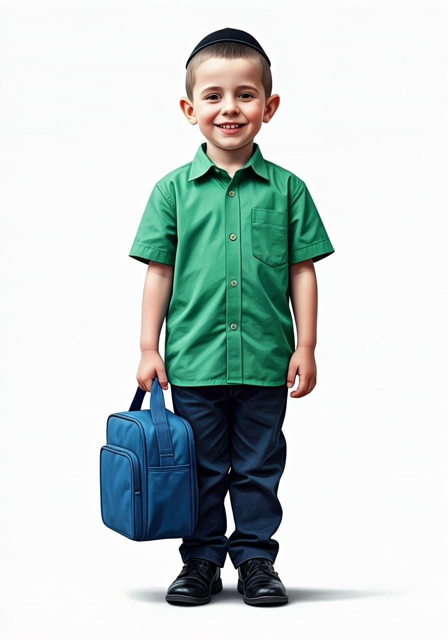 Smiling Hassidic Boy with Lunch Bag in Hyper-Realistic Style