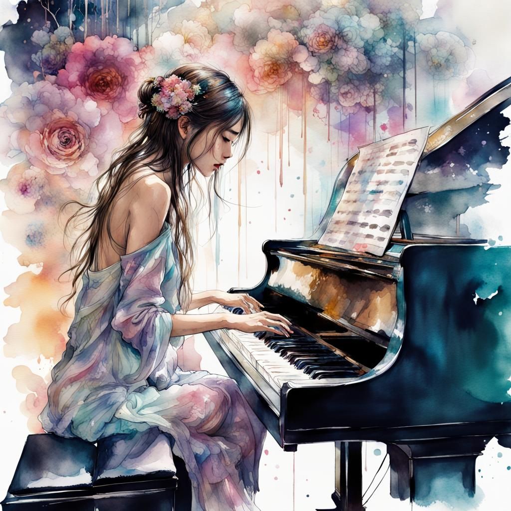 Watercolor Japanese Girl at Nightclub Piano