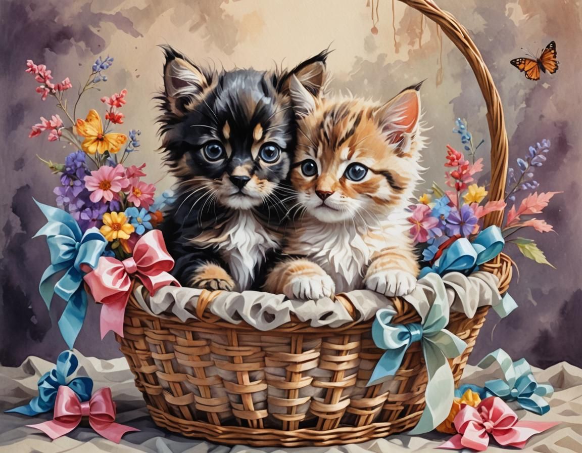 Cute Puppy and Kitten in Basket: Gouache Painting