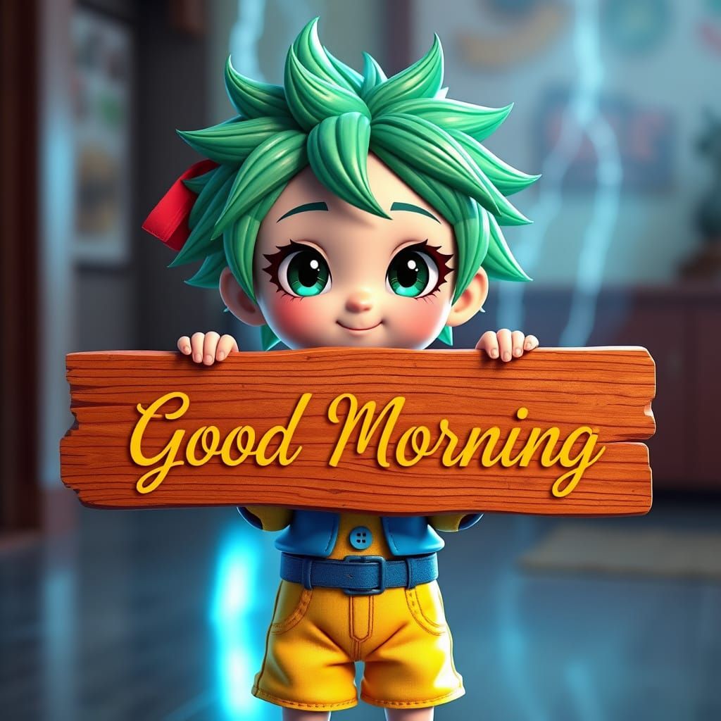 Create a 3D hyper realistic chibi-style girl character with spiky emerald green hair holding a wooden sign that reads 'G...