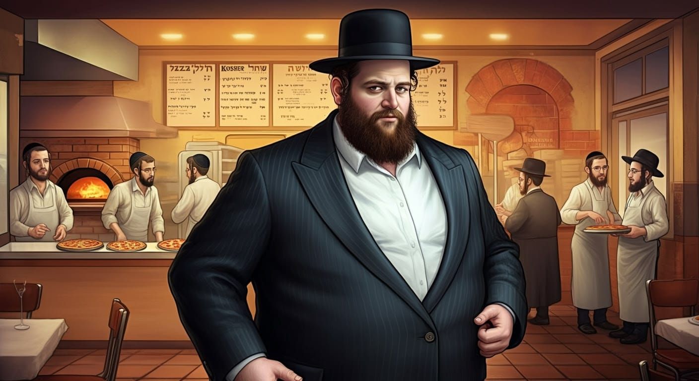 Comics-Style Portrait of Determined Hasidic Man in Pizzeria
