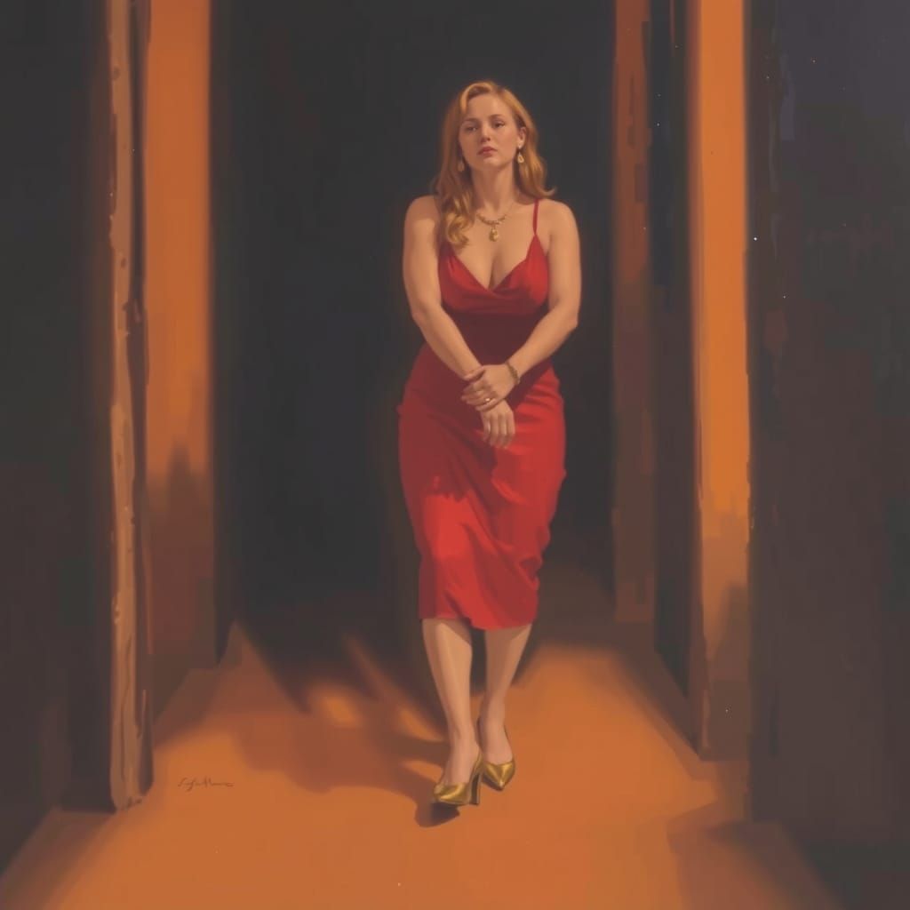 Red Silhouette Woman in Dark Hall Oil Painting