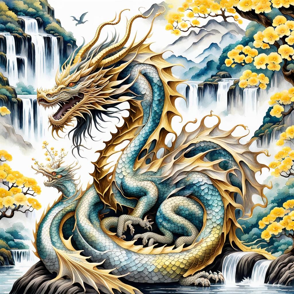 Iridescent Dragon in Japanese Watercolor Style