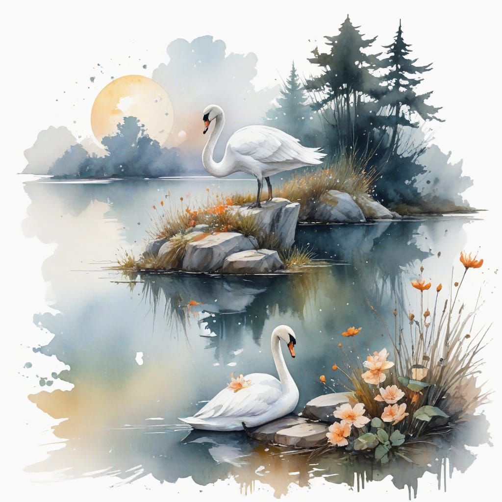Ethereal Autumn Swan Scene in Watercolour Style