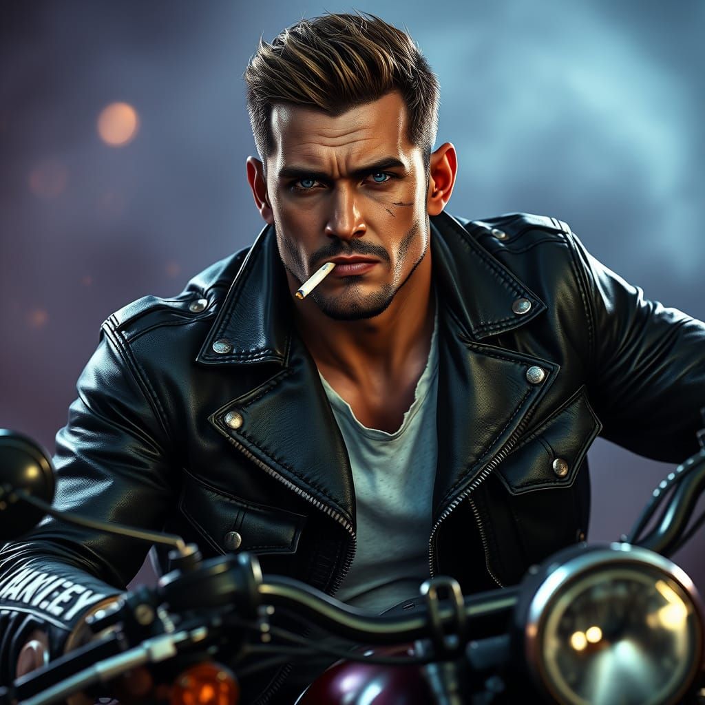 Rugged Biker in Moody Black Leather Jacket
