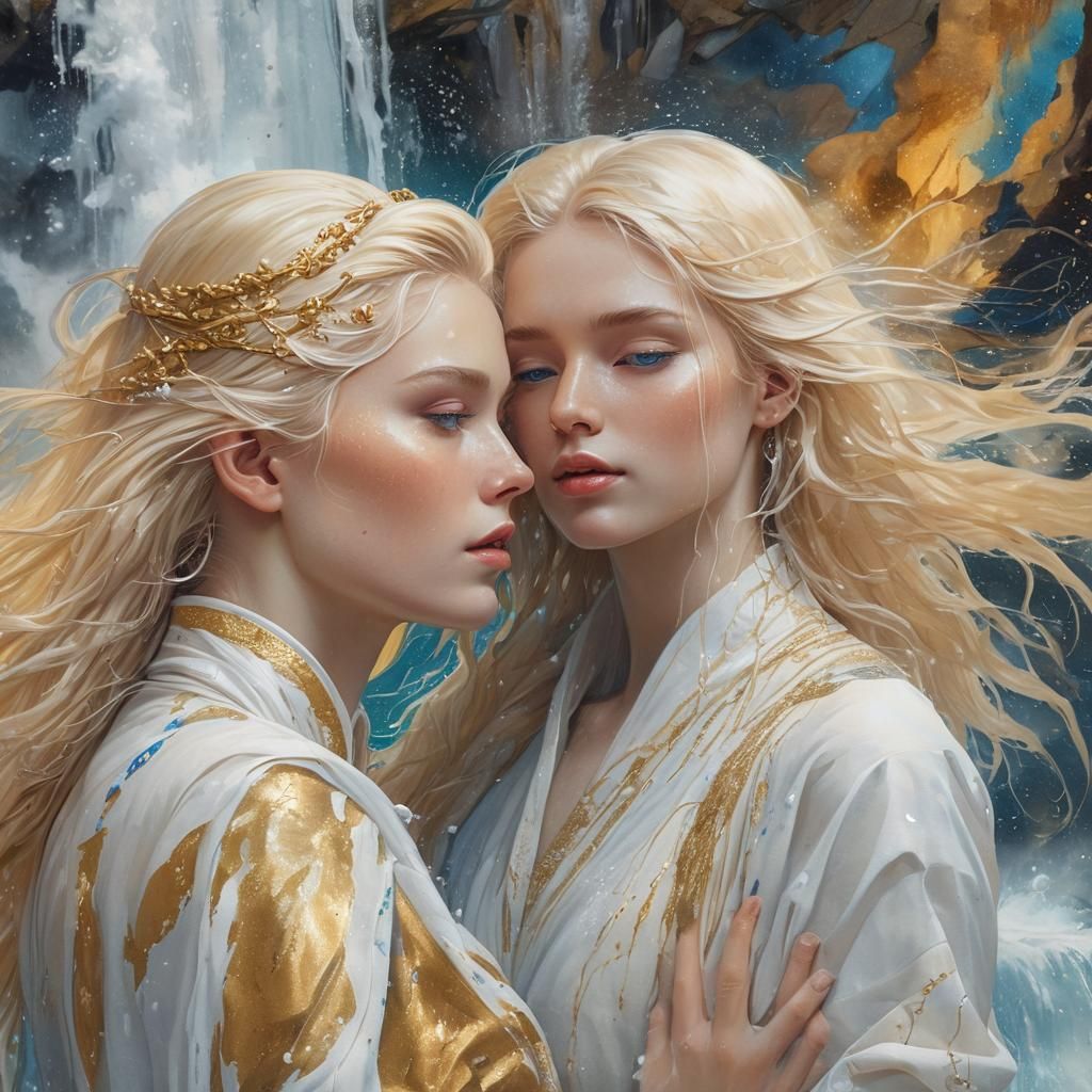 Cosmic Watercolor: Girl in Gold Leaning