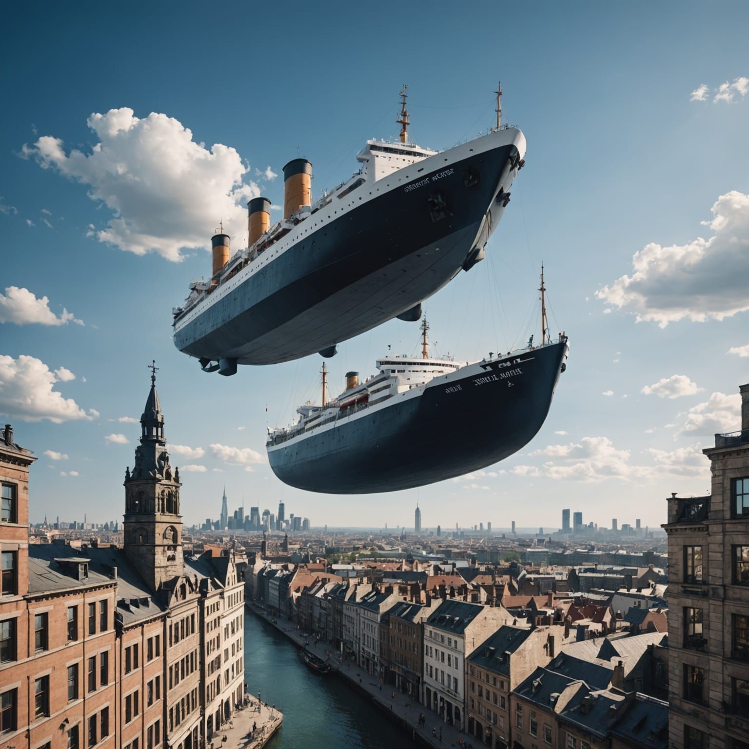 Futuristic Ship Floats Over Cityscape
