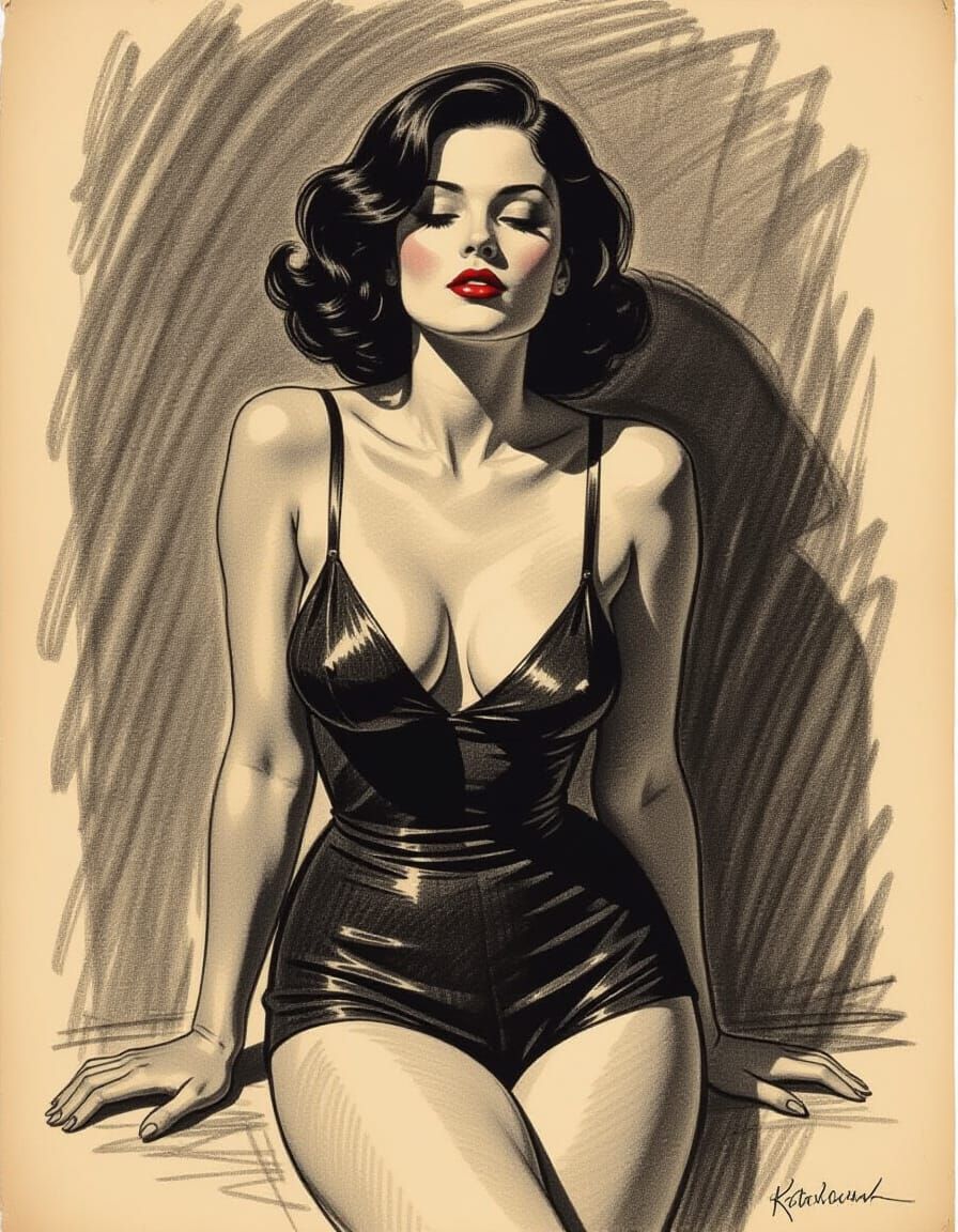 Charcoal Sketch of Woman in Seductive Pose