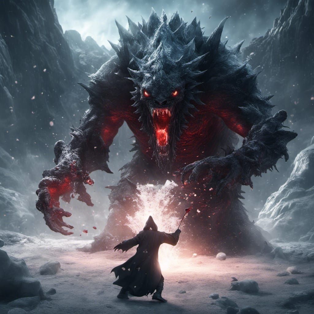 Ice Mage Battles Dark Creature in Detailed Digital Painting