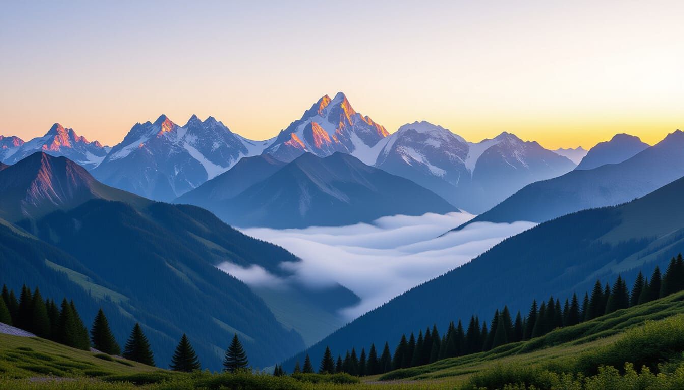 Misty Mountain Range at Sunrise in Photo-Realism