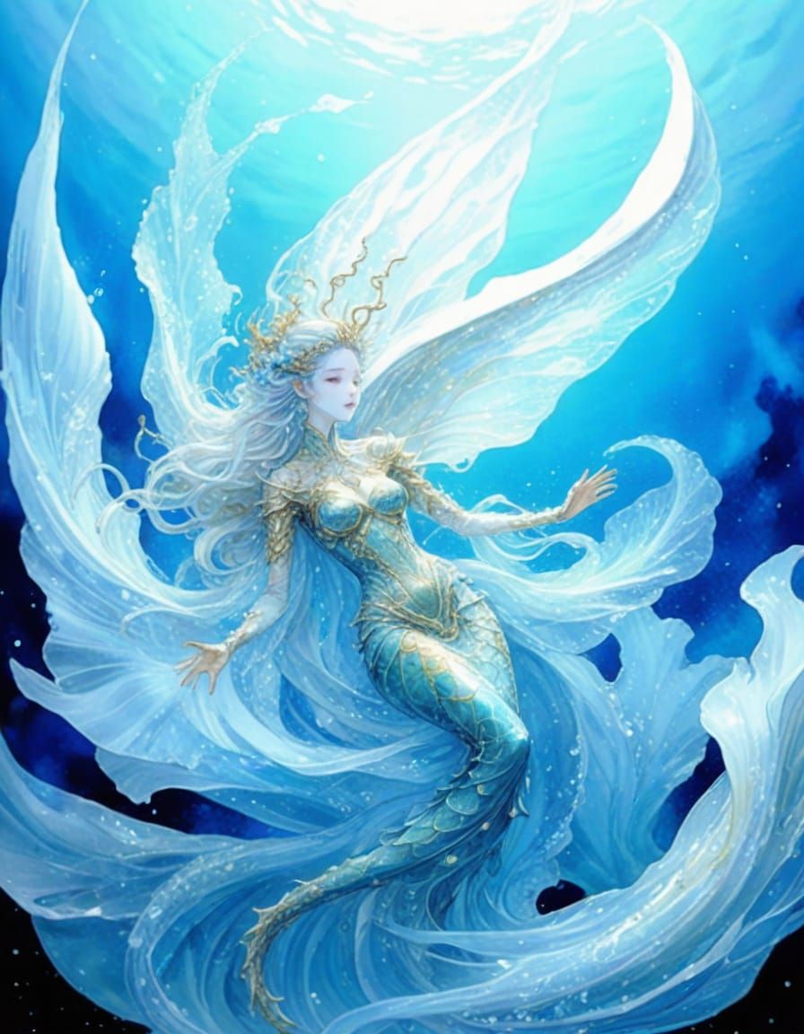 Dreamy Watercolor Fantasy World with Alien Mermaid