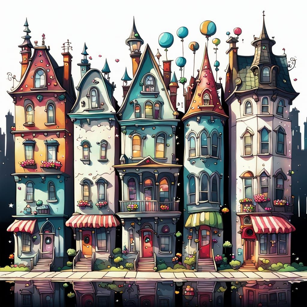 Whimsical Cartoon Row Houses in Fantasy Style