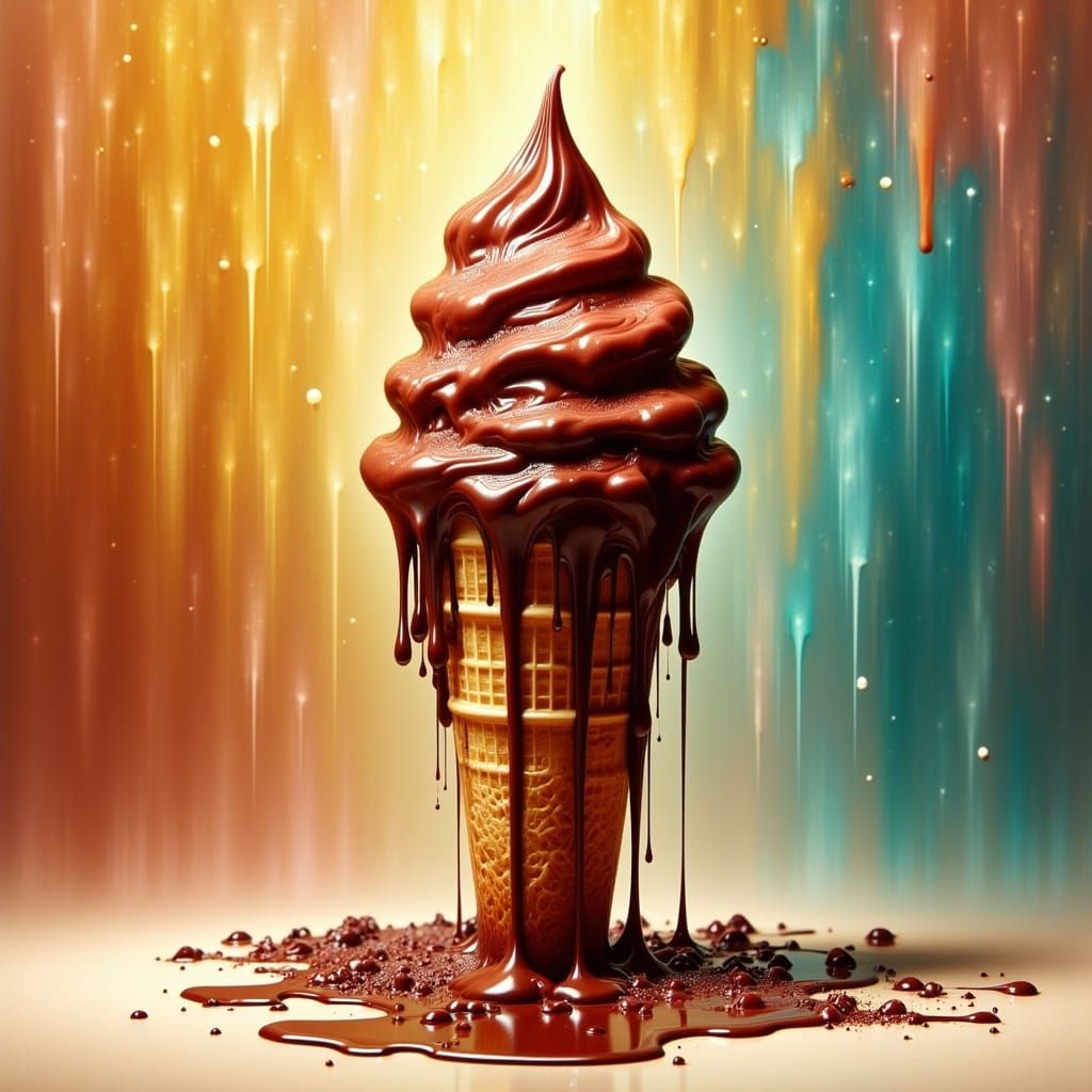 Melting Chocolate Ice Cream Cone in Futuristic Style