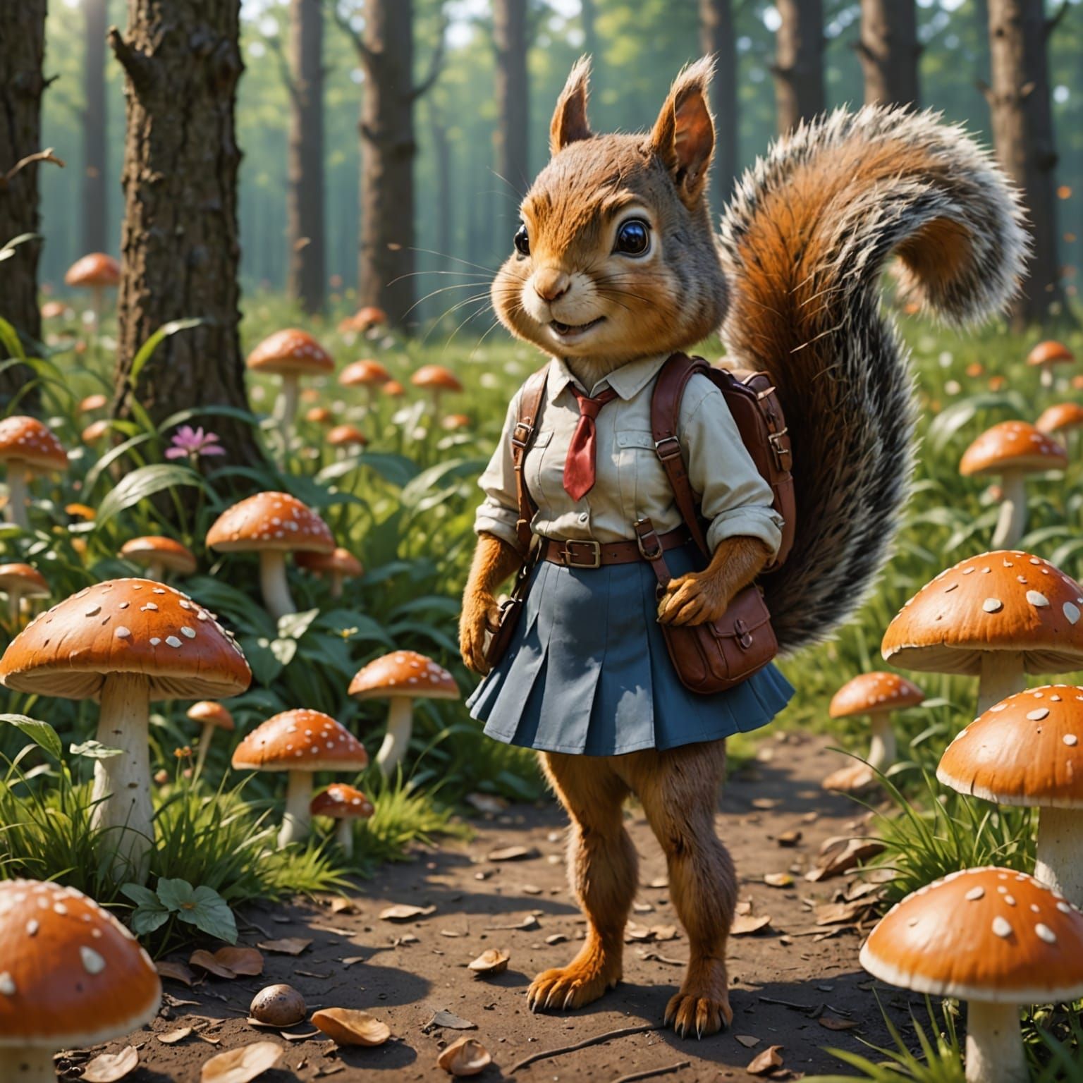 Squirrel and Woman in Mushroom Field: Anime Art