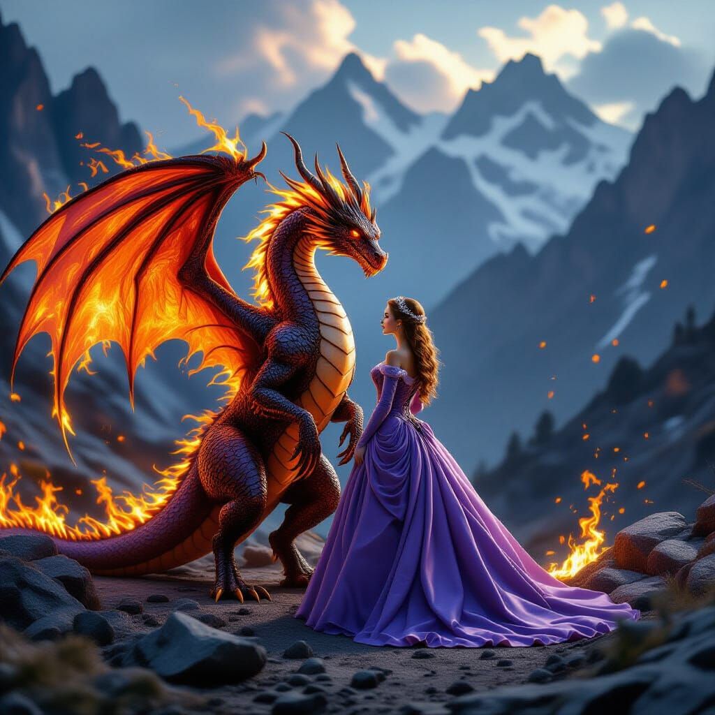 Fiery Dragon and Princess in Mountain Landscape
