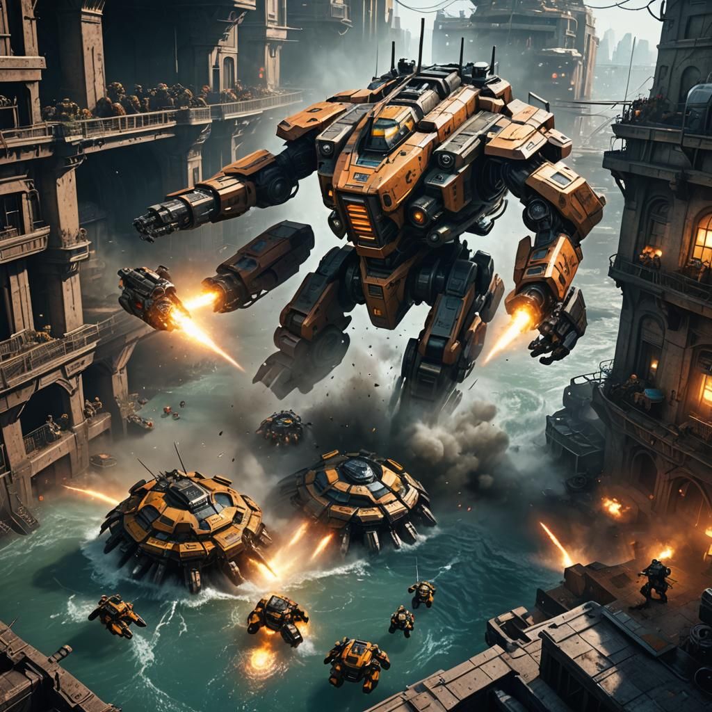 Battlesuits Fight Hovercraft in Hive City Sewers