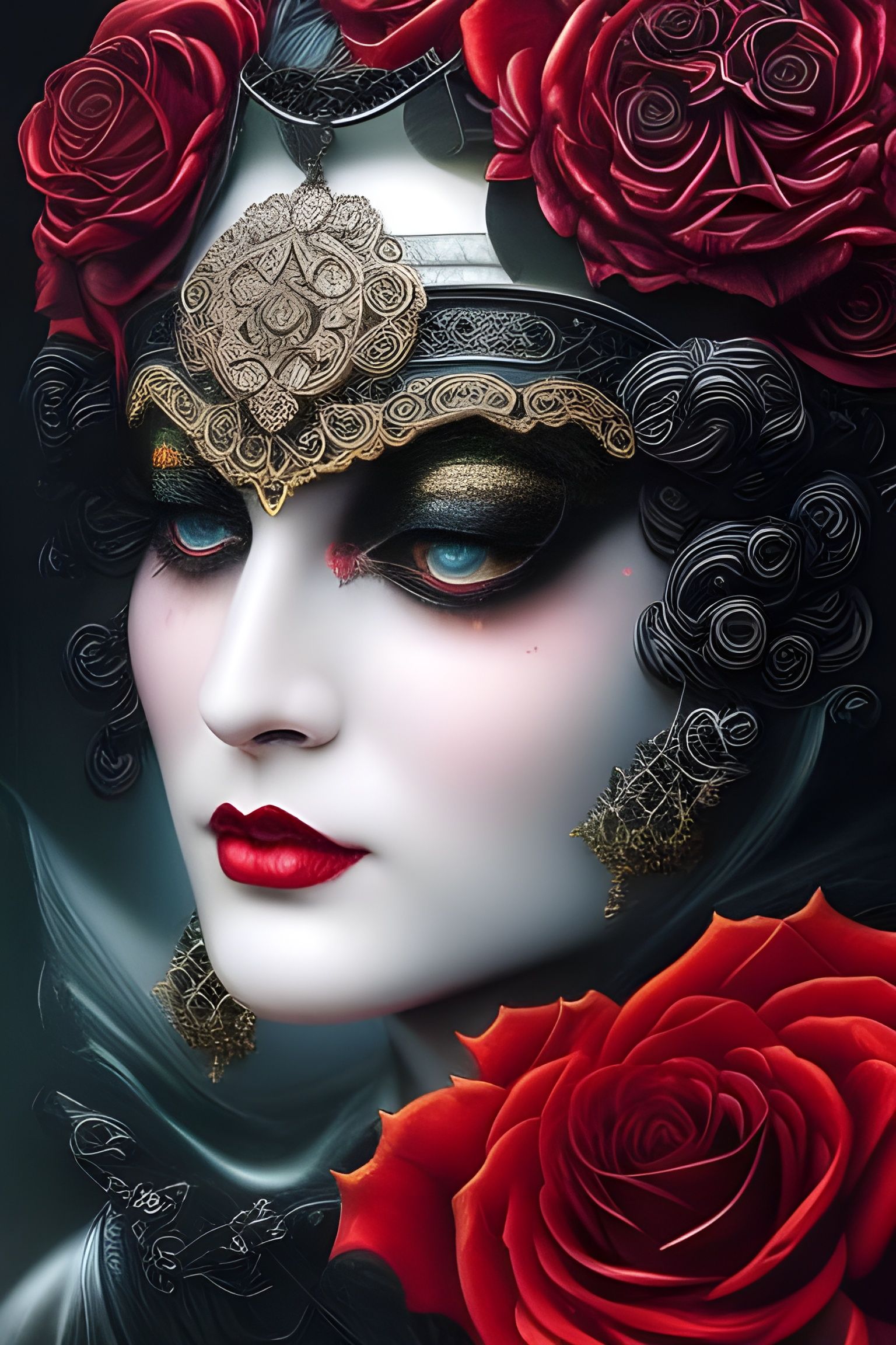 Surreal Roses Portrait with Gas Mask in Elaborate Filigree